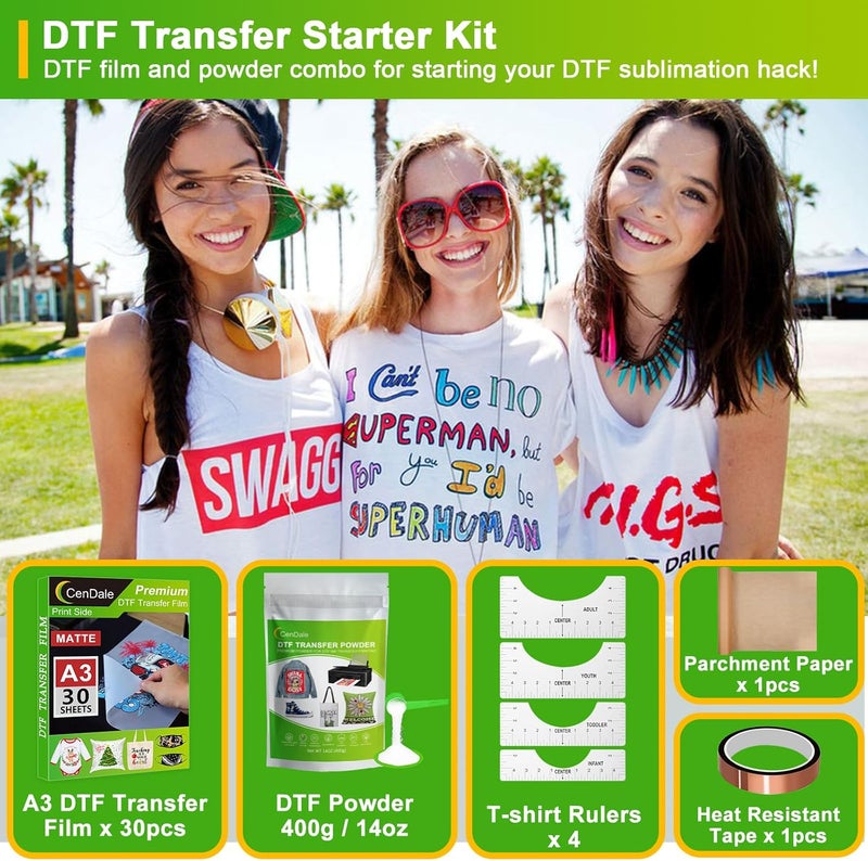 CenDale DTF Transfer Film Powder Kit - 30 Sheets A3 Film for Sublimation, 14oz White Medium Powder, Starter Kit for DTF/Sublimation Printer, Hot & Cold Peel Paper for All Color Fabrics - Image 2